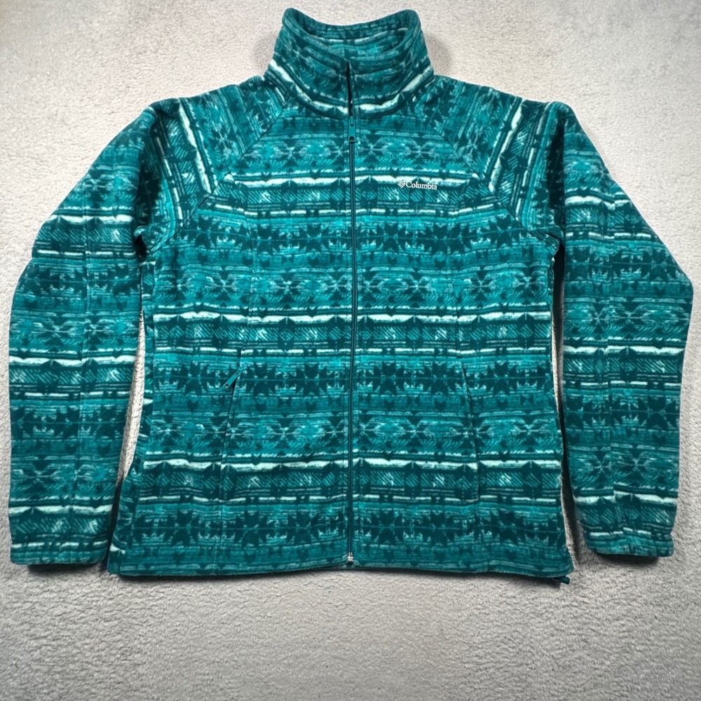 Columbia Fleece Jacket Womens XL Teal Fair Isle Full Zip Mock Neck WL6769
